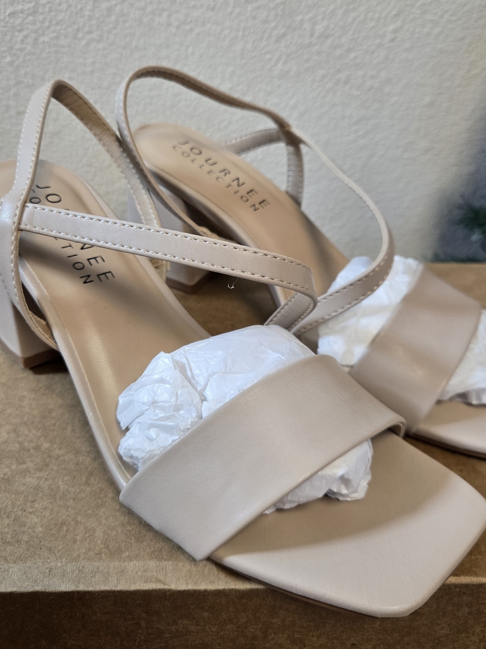 NEW Journee Collection Women's Nude Strappy Block Heel Sandals
